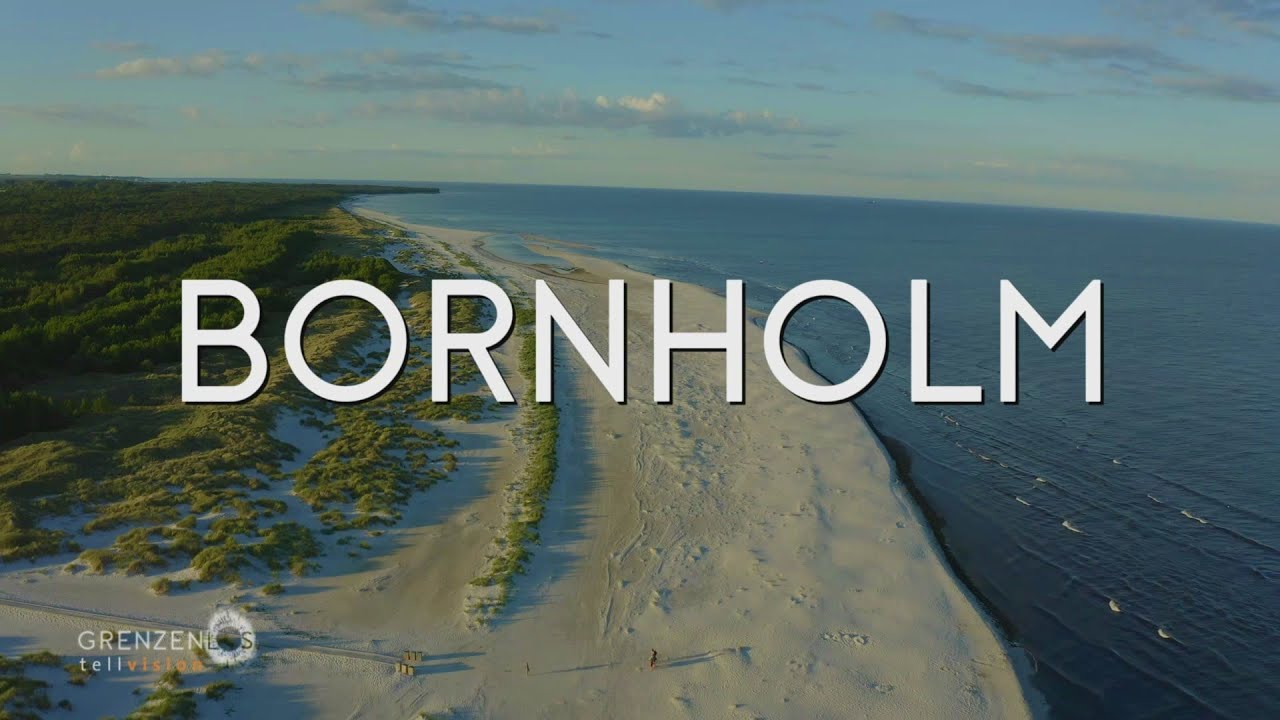 Titelbillede fra tv-udsendelsen: luftfoto af en lang sandstrand på Bornholm med teksten Bornholm.